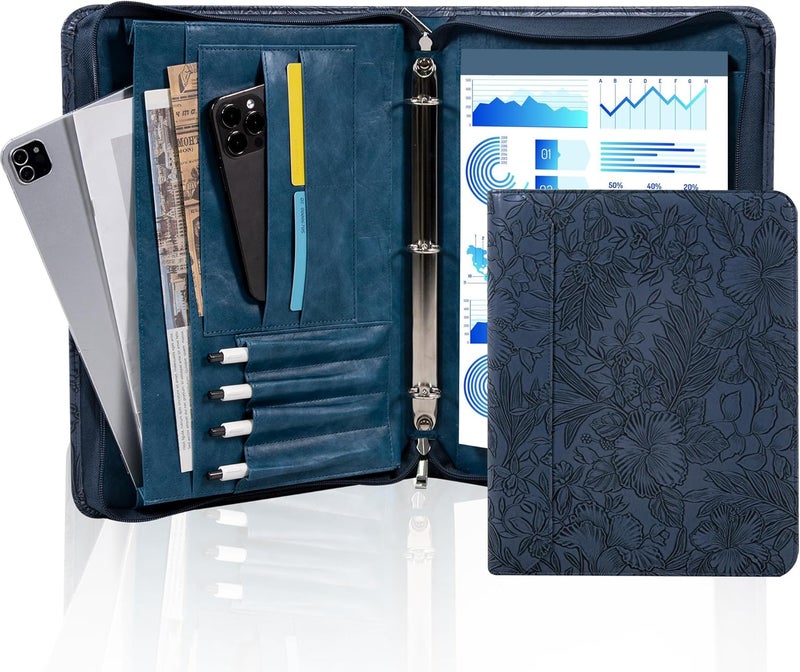 AZXCG Embossed Portfolio Binder,3-Ring Zipper Padfolio for Women and Men,A4/Letter Size,PU Leather with iPad,Professional Organizer for Resume/Interview - Image 1
